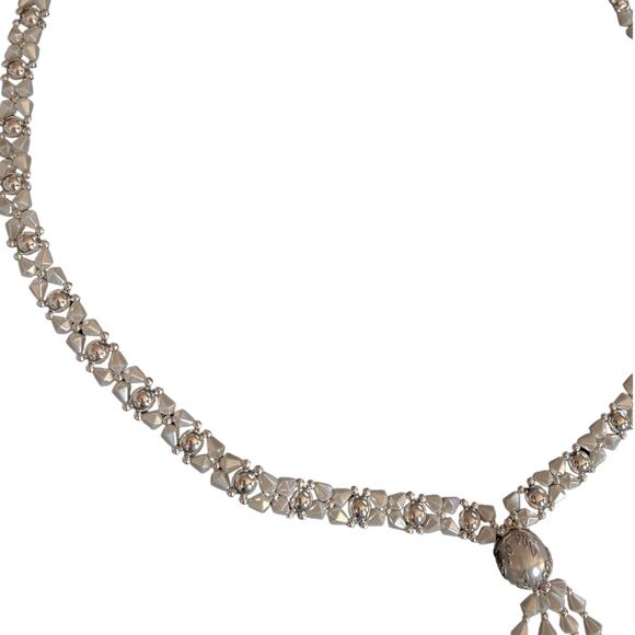 Vintage 80s Silver Beaded Tassel Necklace - White Crystal Drop Statement Piece - Picture 6 of 13